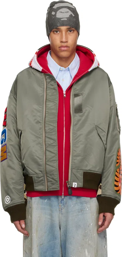 Bape Green Shark Ma-1 Bomber Jacket In Old-olive Drab