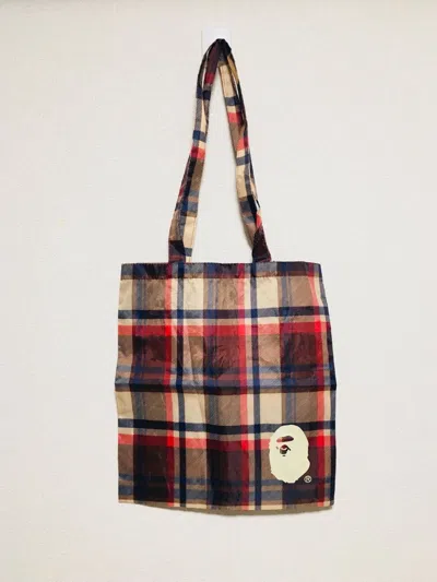 Pre-owned Bape Head Logo Burberry Plaid Shoulder Tote Bag In Multi
