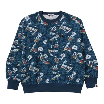 Pre-owned Bape Japanese Tattoo Camo Relaxed Fit Crewneck Sweatshirt 'blue'