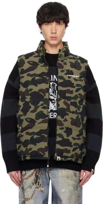 Bape Khaki 1st Camo Reversible Down Vest In Green