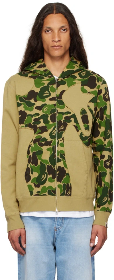 Bape Khaki Abc Camo Patchwork Full Zip Hoodie In Green