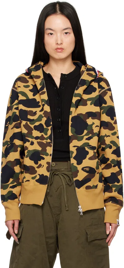 Bape Khaki & Tan Abc Camo Shark Full Zip Hoodie In Yellow