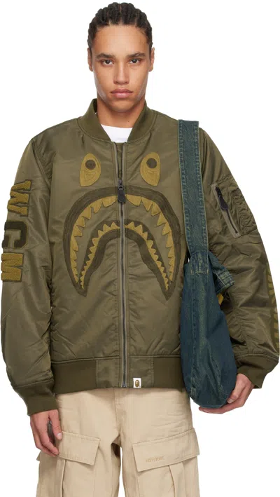 Bape Khaki Shark Ma-1 Bomber Jacket In Olive Drab