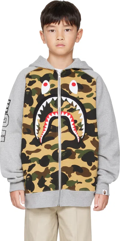 Bape Kids Gray 1st Camo Shark Patch Zip Hoodie In Yellow