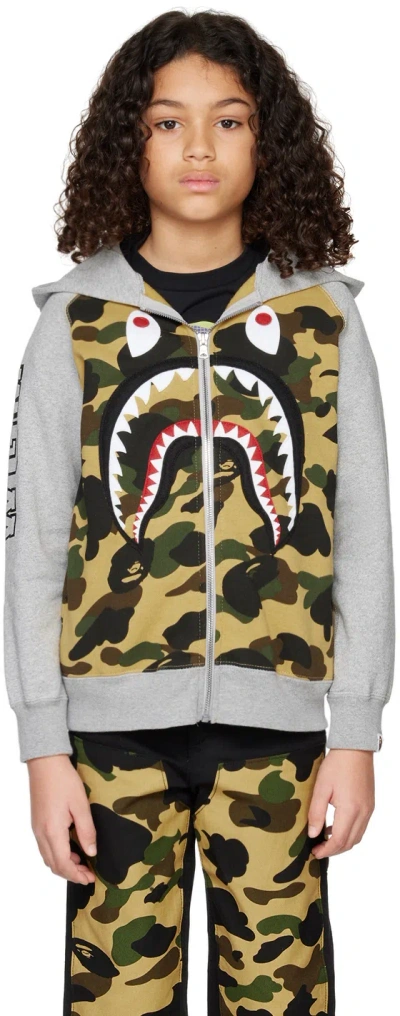 Bape Kids Gray Camo Shark Hoodie In Yellow