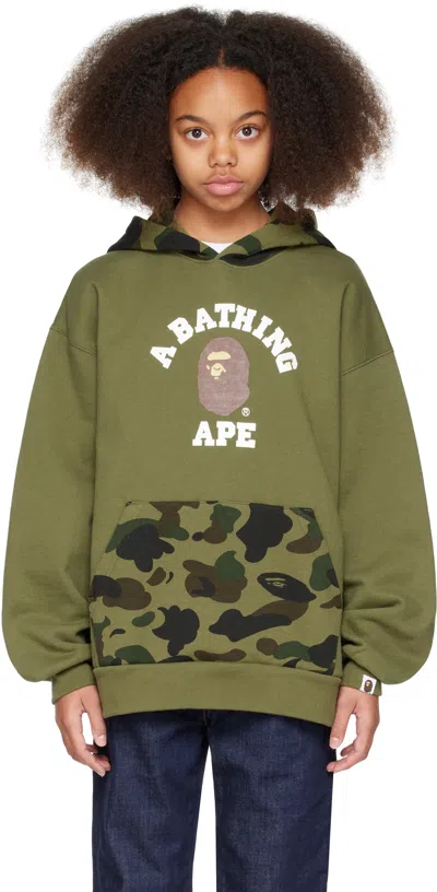 Bape Kids Khaki 1st Camo College Pullover Hoodie In Green