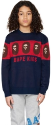 Bape Kids Navy & Red Ape Head Sweater In Navy