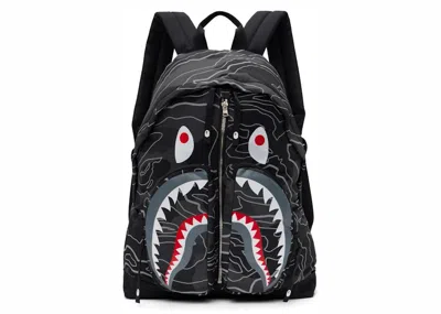 Pre-owned Bape Layered Line Camo Shark Day Pack In Black