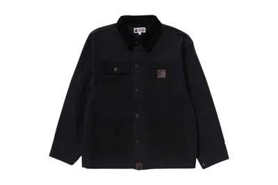 Pre-owned Bape Line Camo Jacquard Patched Pocket Garment Dye Work Jacket In Black