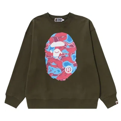 Pre-owned Bape Liquid Camo Ape Head Relaxed Fit Crewneck Sweat 'olive Drab' In Green