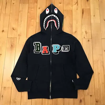 Pre-owned Bape Logo Multi Fonts Shark Full Zip Hoodie A Bathing Ape In Blue