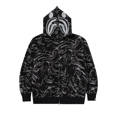 Pre-owned Bape Marbling Camo Shark Relaxed Fit Full Zip Hoodie 'black'