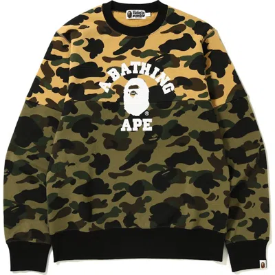 Pre-owned Bape Men's  1st Camo College Half Crewneck Sweatshirt In Yellow/green