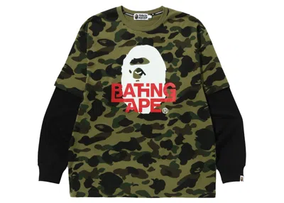 Pre-owned Bape Men's  1st Camo Relaxed Fit Layered Long Sleeve Tee Shirt In Green