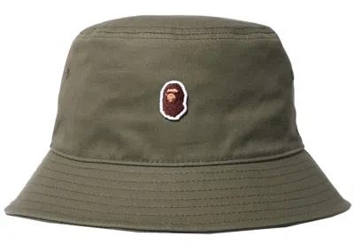 Pre-owned Bape Men's  Ape Head One Point Bucket Hat In Olivedrab Green