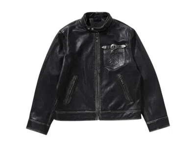 Pre-owned Bape Men's  Black Washed Leather Harrington Jacket In Dark Brown