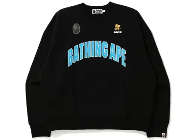 Pre-owned Bape Men's  Busy Works College Loose Fit Crewneck Sweatshirt In Black