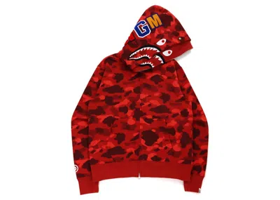Pre-owned Bape Men's  Camo Shark Wide Fit Full Zip Double Hoodie In Red