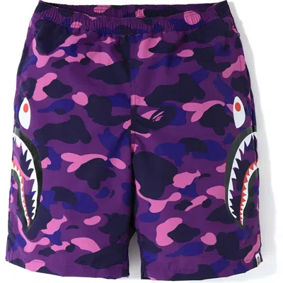 Pre-owned Bape Men's  Camo Side Shark Beach Shorts In Purple