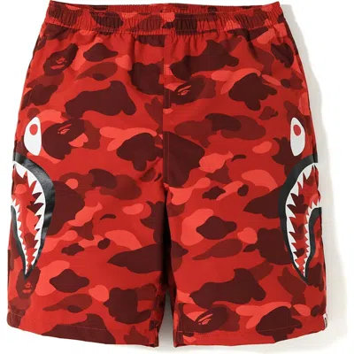 Pre-owned Bape Men's  Camo Side Shark Beach Shorts In Red