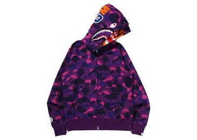 Pre-owned Bape Men's  Camo Tiger Shark Wide Full Zip Double Hoodie (ss22) In Purple