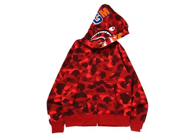 Pre-owned Bape Men's  Camo Tiger Shark Wide Full Zip Double Hoodie (ss22) In Red