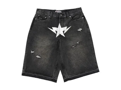 Pre-owned Bape Men's  Destroyed Sta Relaxed Fit 13oz Demin Shorts In Black