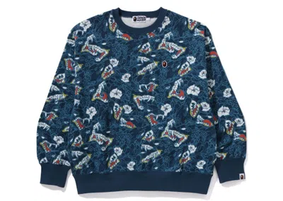 Pre-owned Bape Men's  Japanese Tattoo Camo Relaxed Fit Crewneck Sweatshirt In Blue