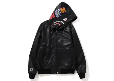 Pre-owned Bape Men's  Leather Shark Full Zip Jacket In Black