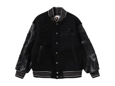 Pre-owned Bape Men's  Line Camo Logo Wool Varsity Jacket In Black