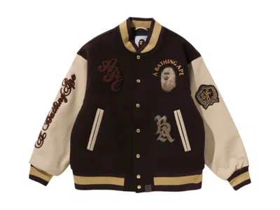 Pre-owned Bape Men's  Line Camo Logo Wool Varsity Jacket In Brown