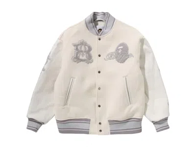 Pre-owned Bape Men's  Line Camo Logo Wool Varsity Jacket In Ivory In White