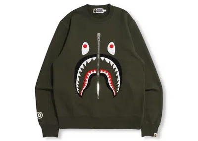 Pre-owned Bape Men's  Patched Shark Crewneck Sweatshirt In Olivedrab Green