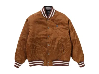 Pre-owned Bape Men's  Solid Camo Jacquard Nylon Reversible Bomber Padded Jacket In Beige