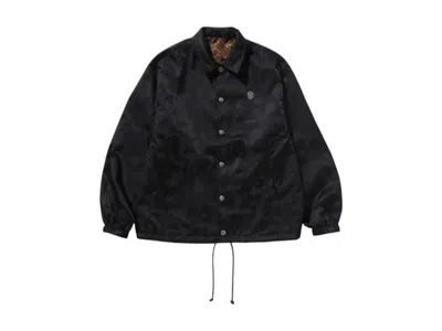 Pre-owned Bape Men's  Solid Camo Jacquard Nylon Reversible Coach Jacket In Black
