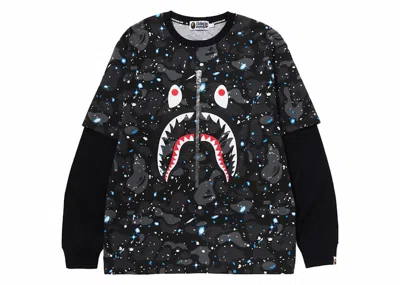 Pre-owned Bape Men's  Space Camo Shark Layered Long Sleeve Tee Shirt In Black