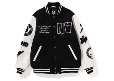 Pre-owned Bape Men's  X Neighborhood Varsity Jacket In Black White In Multi
