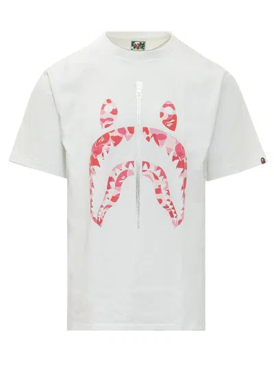 Bape Mini Camo Shark Tee In White X Pink