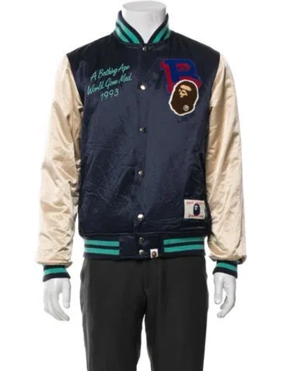 Pre-owned Bape Multi Emblem Graphic Print Varsity Jacket In Blue