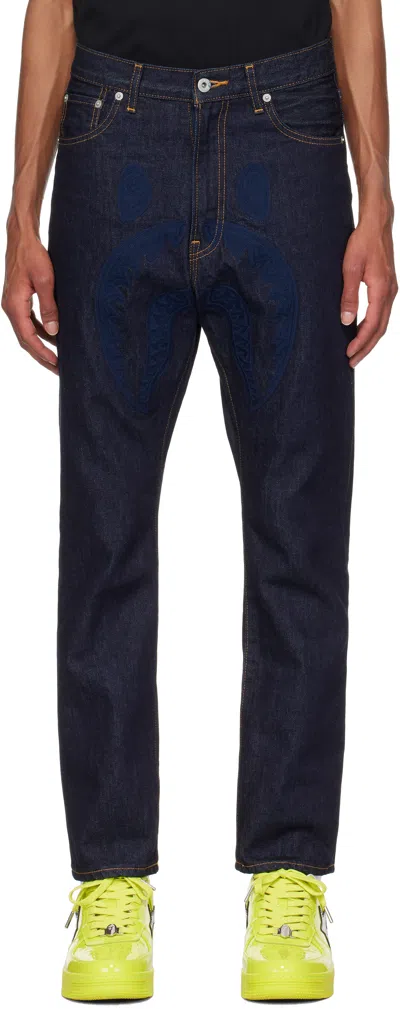 Bape Navy Shark Jeans In Indigo