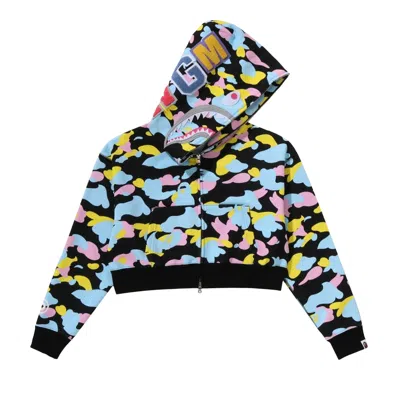 Pre-owned Bape New Multi Camo Shark Cropped Full Zip Hoodie 'black' | Women's Size S