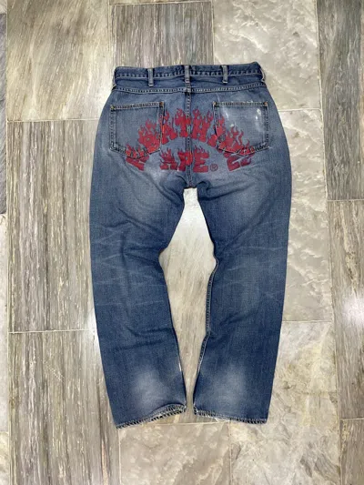 Pre-owned Bape Og  Spellout Flame Arch Logo - Distressed Jeans In Blue