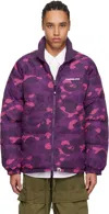 Bape Purple Color Camo Reversible Down Jacket In Purple
