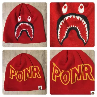 Pre-owned Bape Shark Beanie Knit Cap Red A Bathing Ape Ponr