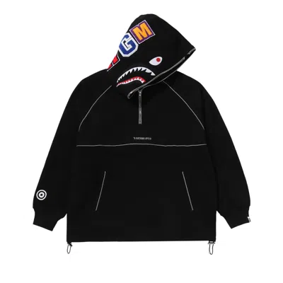 Pre-owned Bape Shark Logo Half Zip Relaxed Fit Pullover Hoodie 'black' | Men's Size Xl