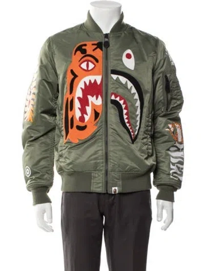 Pre-owned Bape Shark Tiger Ma-1 Graphic Print Bomber Jacket W/ Tags In Green