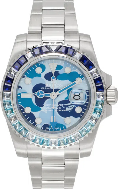 Bape Silver & Blue Type 2 Camo Crystal Watch In Metallic