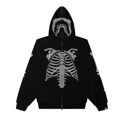 Pre-owned Bape Skeleton Shark Heavy Washed Cropped Fit Full Zip Hoodie 'black' | Men's Size Xl
