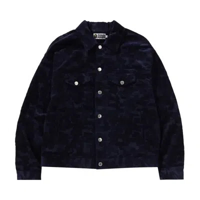 Pre-owned Bape Solid Camo Corduroy Trucker Jacket 'navy' In Blue