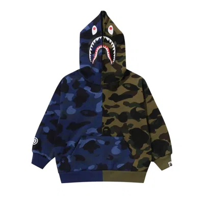 Pre-owned Bape Split Camo Shark Relaxed Fit Pullover Hoodie 'navy Green' | Blue | Kid's Size 130